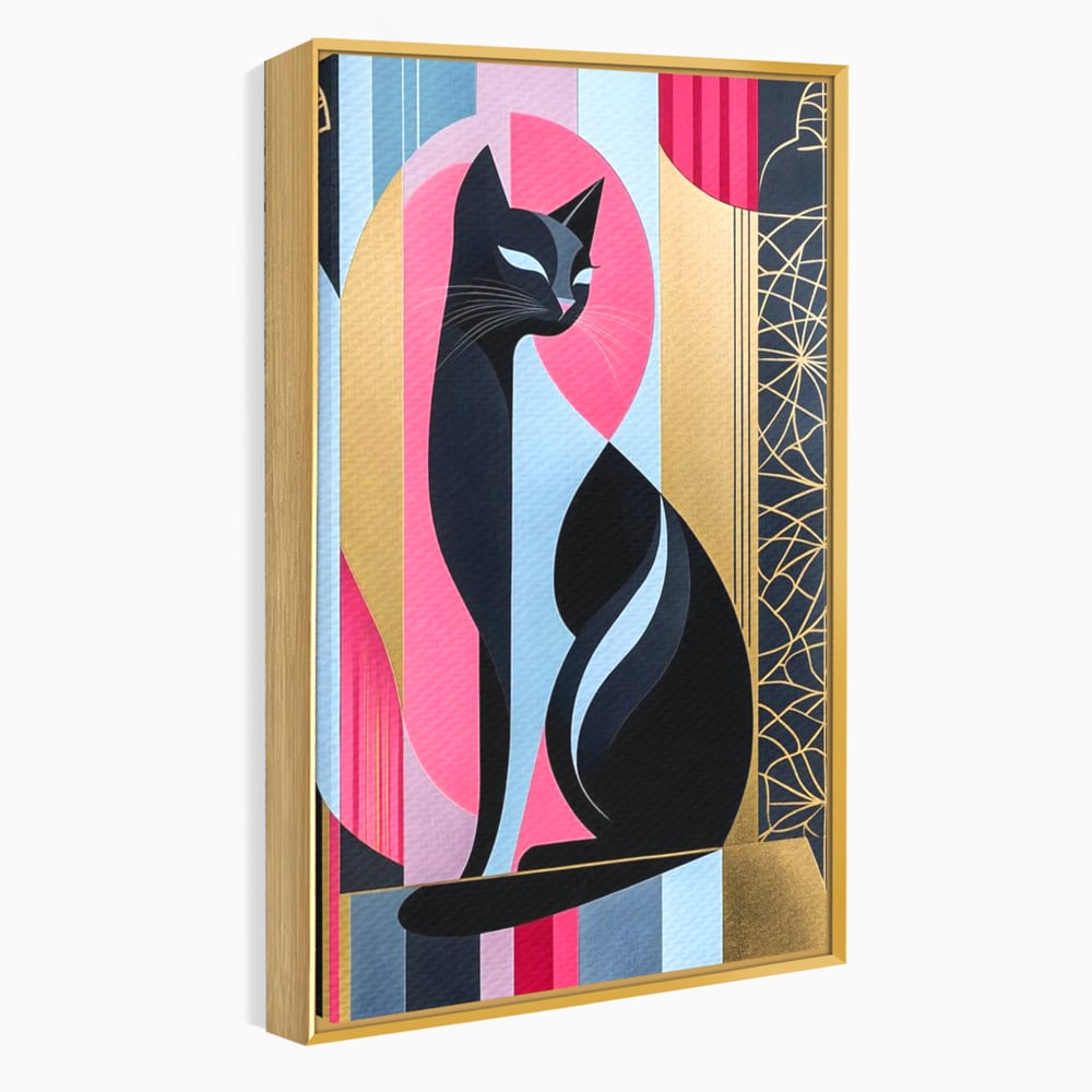 Tablou canvas cu tablou vertical cu silueta de pisica, in rama de aluminiu auriu